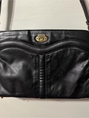 Etienne Aigner Black Leather Bag with Gold Oval Emblem